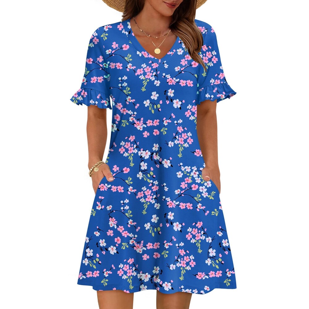 Short Sleeve Sundress V Neck Floral A-Line Dress with Pockets (S)